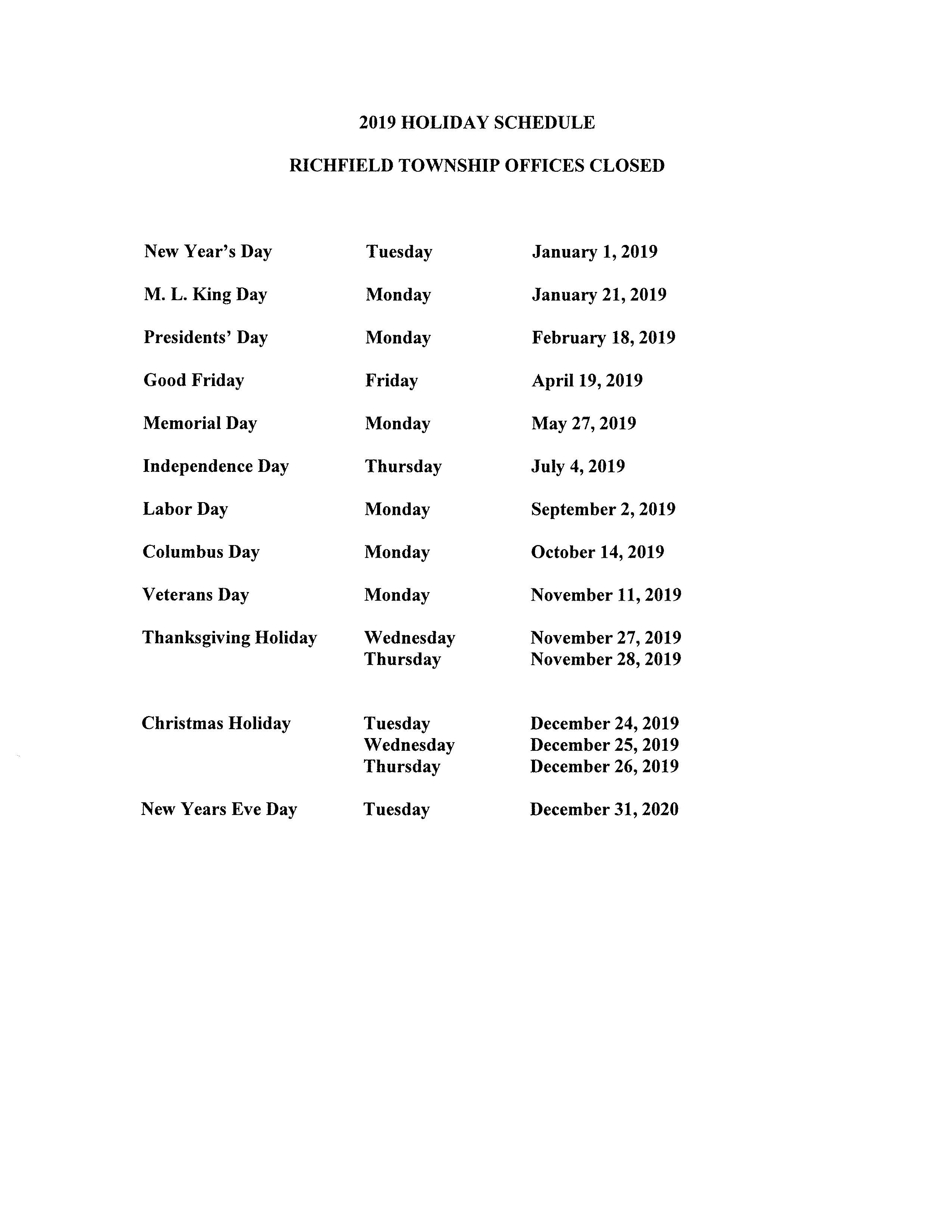 Richfield Township, Genesee County > General Information > Holiday Schedule